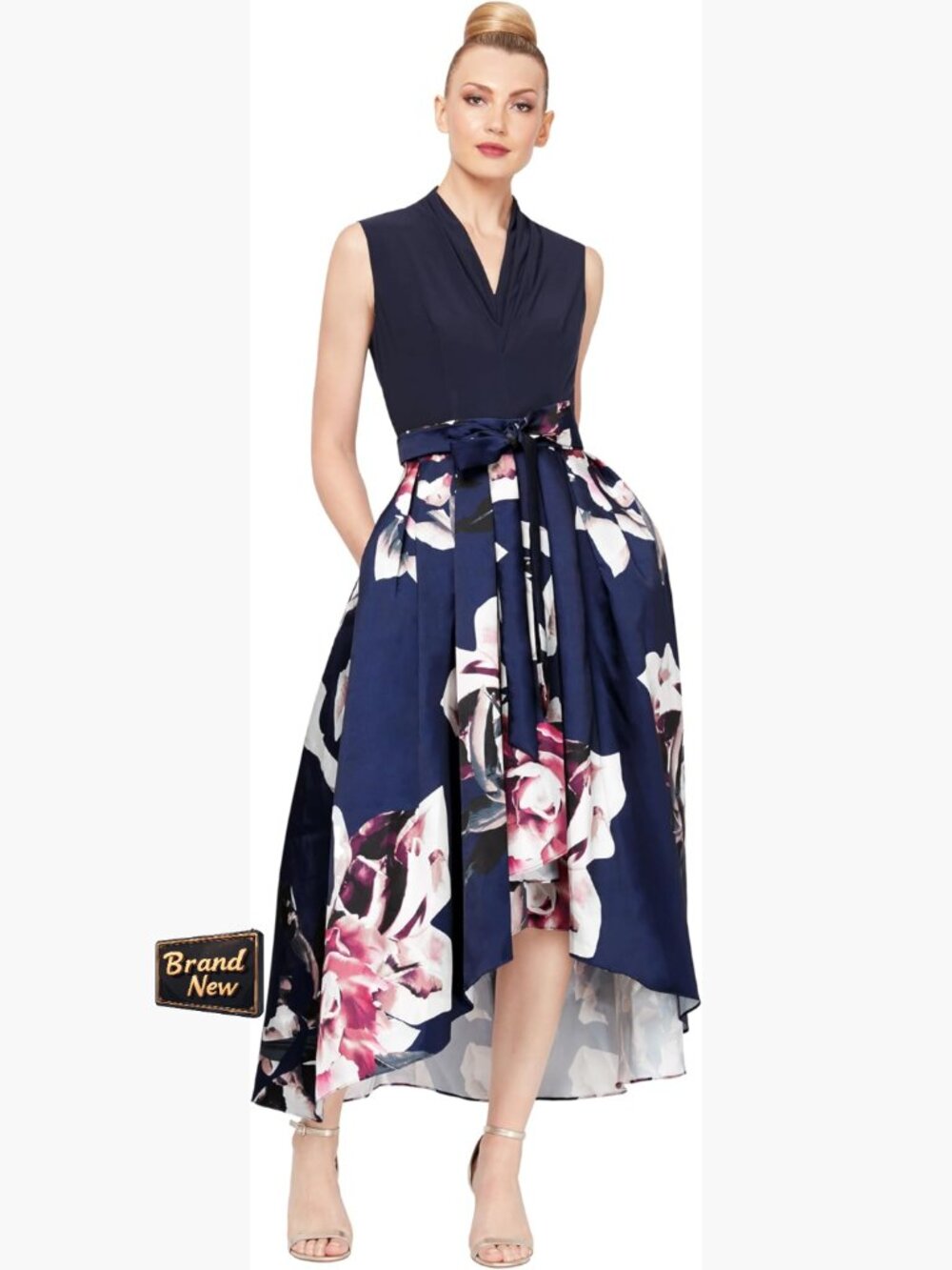 Floral Hi-Lo Gown with Pockets Stretch Bodice V-Neck Wedding Guest Dress Petite